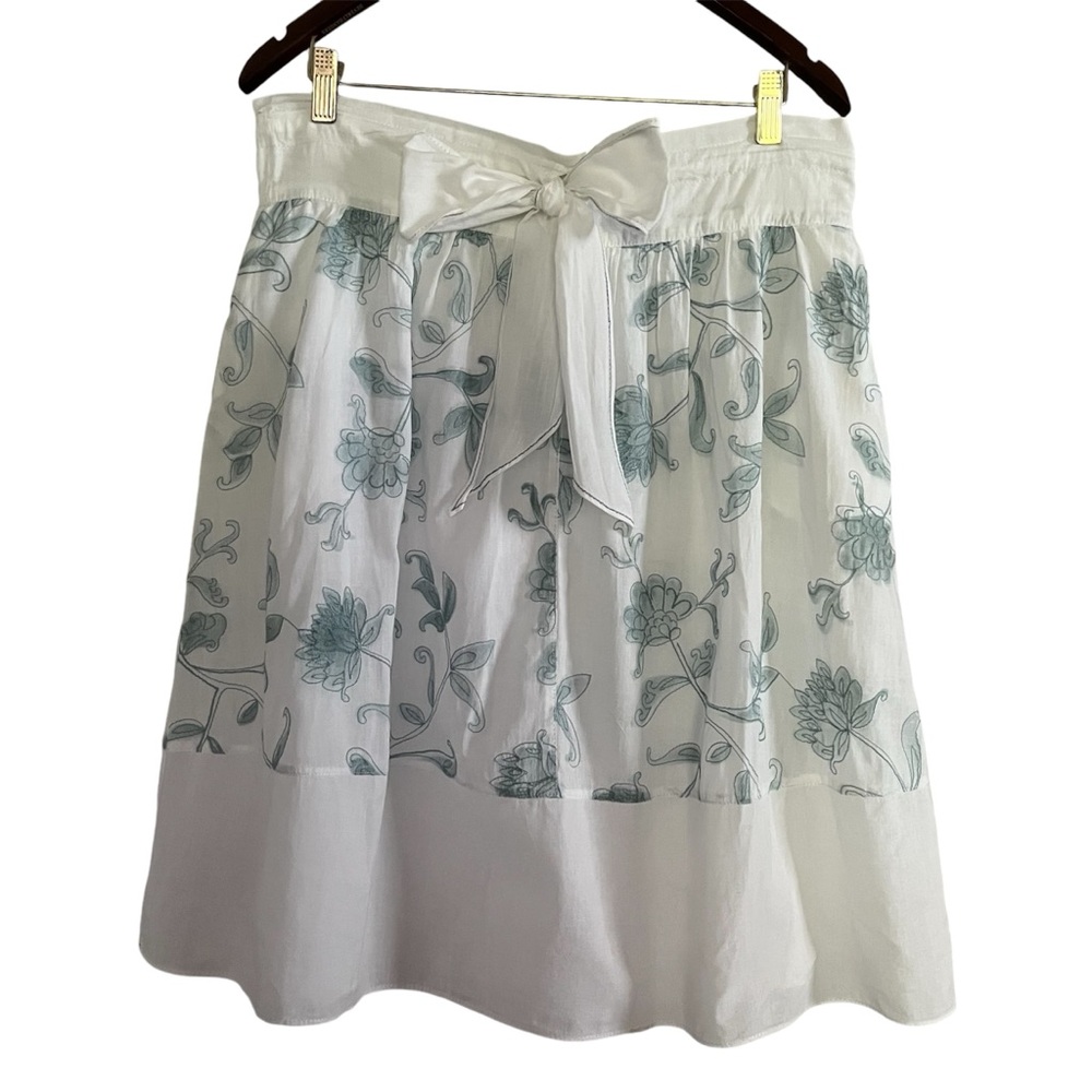 Max studio White Teal embroidered skirt drawstring Sz XS 100% Cotton side pocket